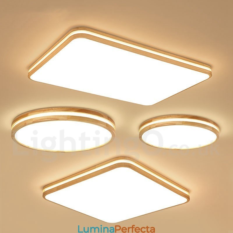 Plafoniera din lemn, dreptunghiulară, cu lentilă, modern, contemporan, stil nordic, cu montare încastrabilă, din lemn, cu abajur acrilic și telecomandă, poate fi folosită și ca lampă de perete
