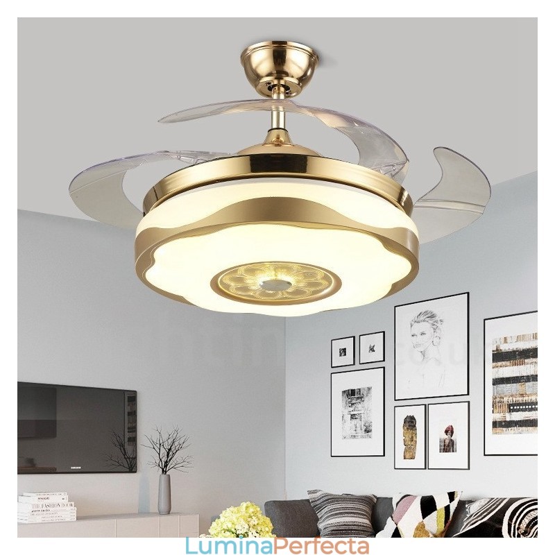 Ventilator de tavan de 108 cm (42") 91 cm (36"), modern și contemporan, cu telecomandă, de culoare aurie, cu umbră acrilică, motor din cupru pur.