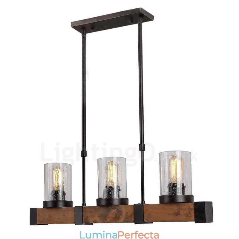 Candelabru din lemn de epocă cu 3 lumini. Iluminat liniar din lemn pentru mansardă industrială