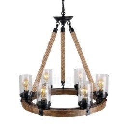 Candelabru din lemn de epocă cu 6 inele de lumini. Iluminat liniar cu pandantiv din lemn