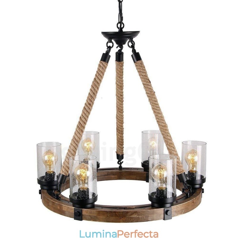Candelabru din lemn de epocă cu 6 inele de lumini. Iluminat liniar cu pandantiv din lemn