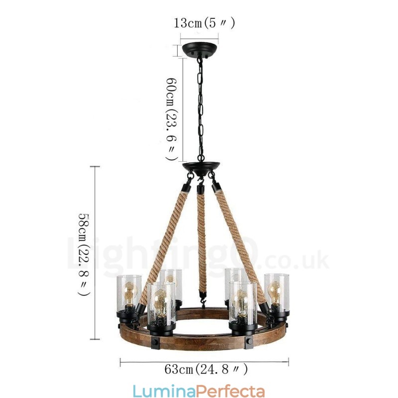 Candelabru din lemn de epocă cu 6 inele de lumini. Iluminat liniar cu pandantiv din lemn