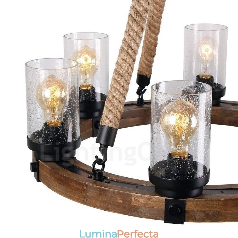 Candelabru din lemn de epocă cu 6 inele de lumini. Iluminat liniar cu pandantiv din lemn