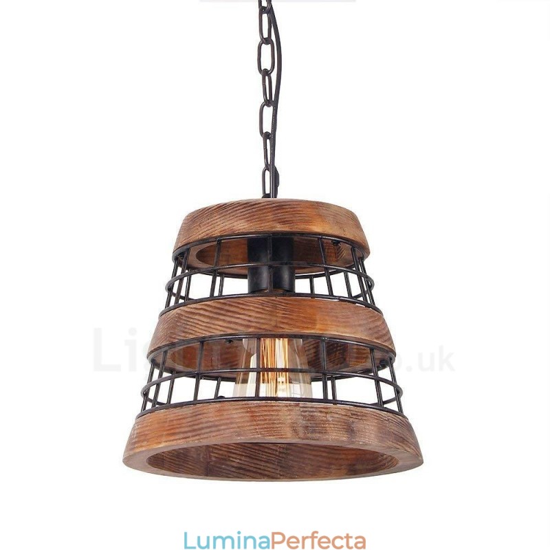 Candelabru din lemn vintage cu 1 inel de lumină. Iluminat liniar cu pandantiv din lemn industrial