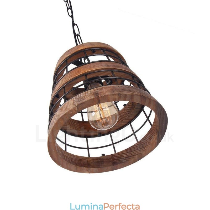 Candelabru din lemn vintage cu 1 inel de lumină. Iluminat liniar cu pandantiv din lemn industrial