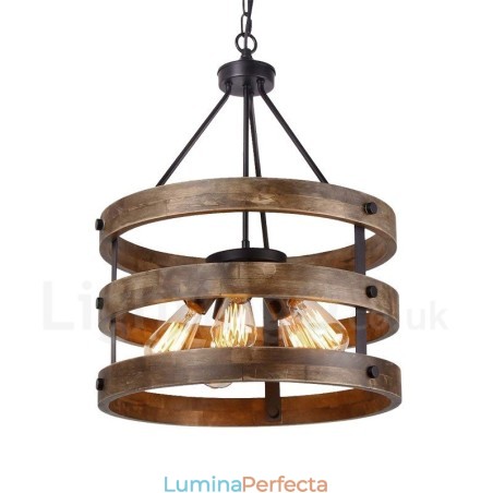 Candelabru din lemn vintage cu tambur cu 5 lumini. Iluminat liniar cu pandantiv din lemn