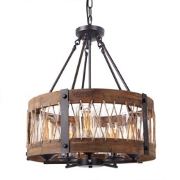 Candelabru din lemn vintage cu tambur cu 5 lumini Iluminat liniar din lemn pentru mansardă industrială