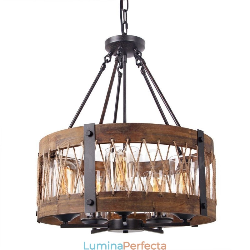 Candelabru din lemn vintage cu tambur cu 5 lumini Iluminat liniar din lemn pentru mansardă industrială
