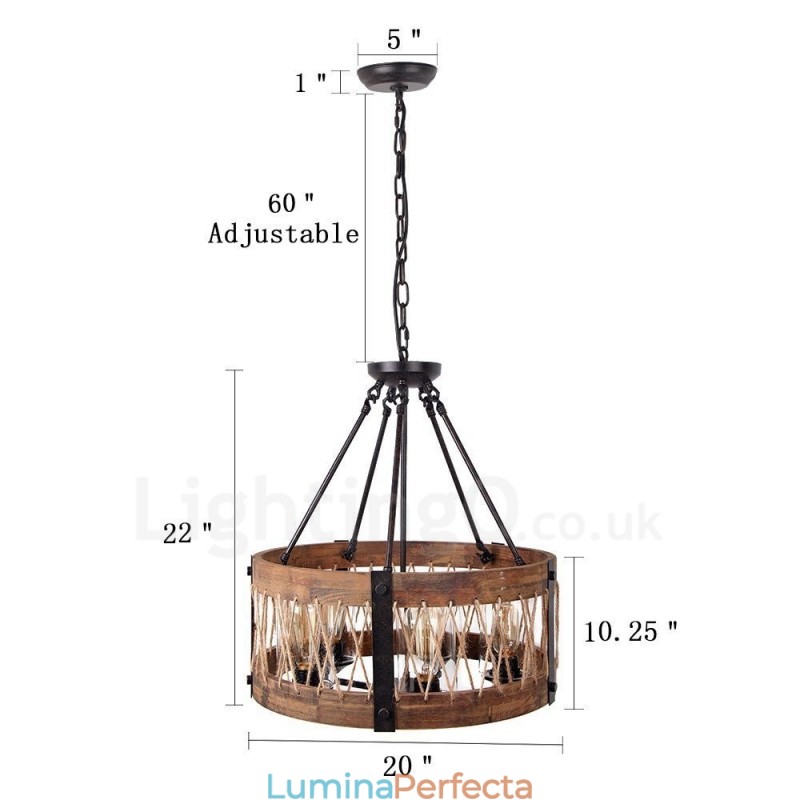 Candelabru din lemn vintage cu tambur cu 5 lumini Iluminat liniar din lemn pentru mansardă industrială