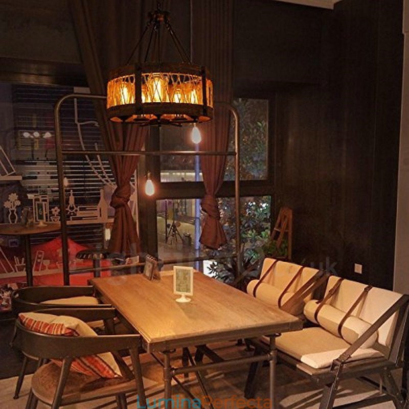 Candelabru din lemn vintage cu tambur cu 5 lumini Iluminat liniar din lemn pentru mansardă industrială