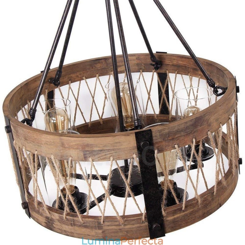 Candelabru din lemn vintage cu tambur cu 5 lumini Iluminat liniar din lemn pentru mansardă industrială