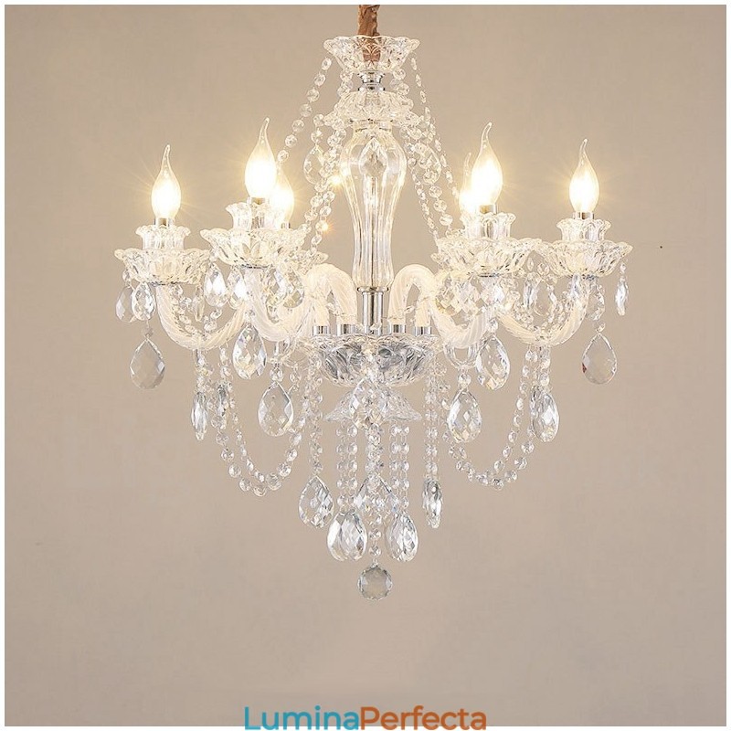 Candelabru de cristal transparent cu 6 lumini Design special cu brate albe