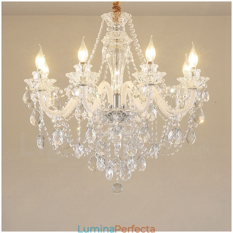 Candelabru cu brat alb cu 8 lumini de cristal transparent