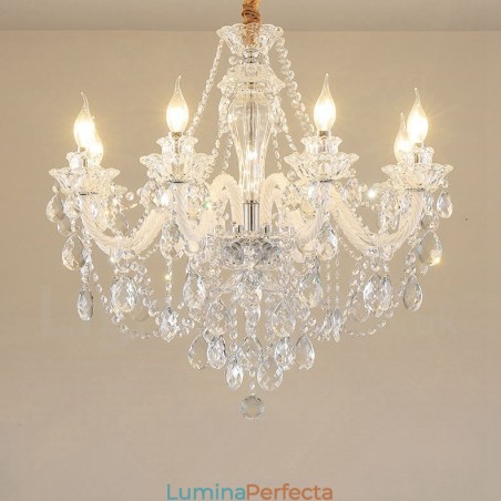 Candelabru cu brat alb cu 8 lumini de cristal transparent Candelabru cu brat alb cu 8 lumini de cristal transparent