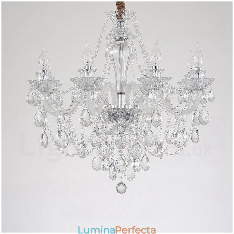Candelabru cu brat alb cu 8 lumini de cristal transparent