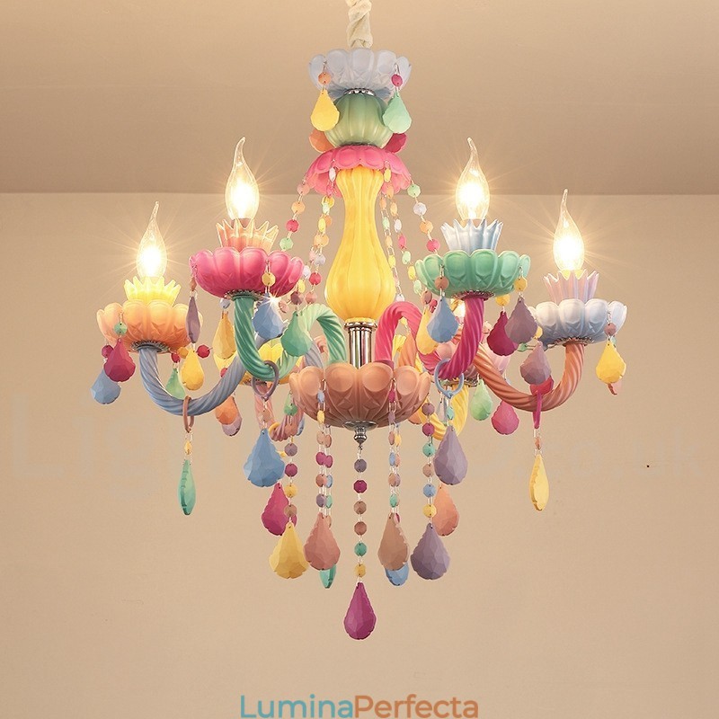 Candelabru Macaron cu 6 lumini cu lumânare de cristal multicolore în stil mini pentru copii