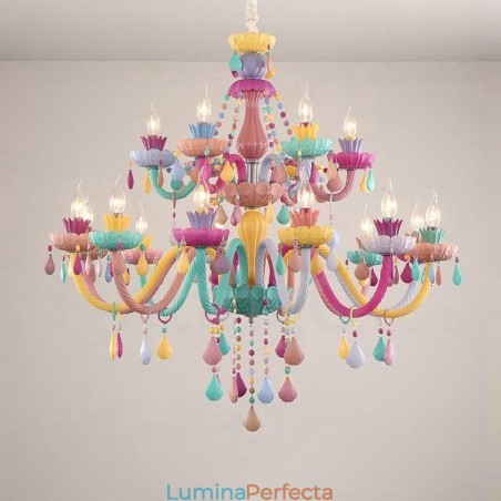 Candelabru Macaron cu 18 (12+6) lumini cu lumânare de cristal multicoloră stil mini pentru copii Candelabru Macaron cu 18 (12+6) lumini cu lumânare de cristal multicoloră stil mini pentru copii