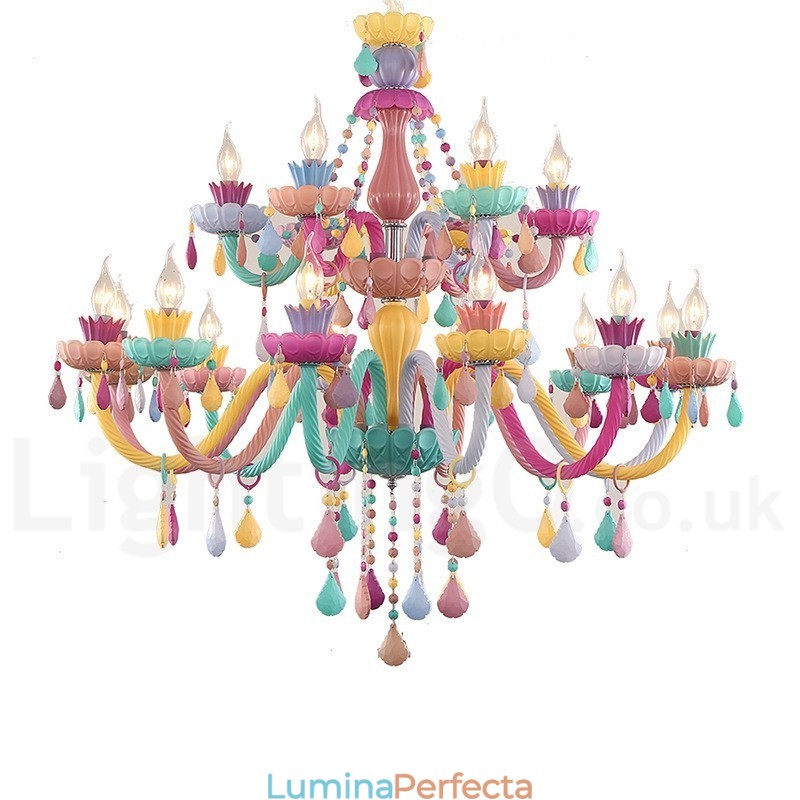 Candelabru Macaron cu 18 (12+6) lumini cu lumânare de cristal multicoloră stil mini pentru copii