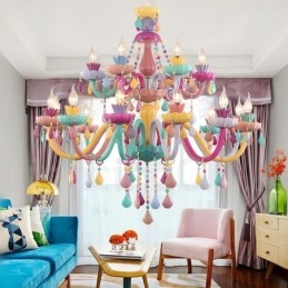 Candelabru Macaron cu 18 (12+6) lumini cu lumânare de cristal multicoloră stil mini pentru copii