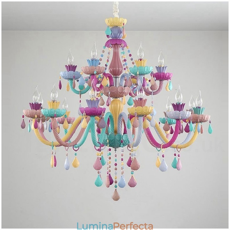 Candelabru Macaron cu 18 (12+6) lumini cu lumânare de cristal multicoloră stil mini pentru copii