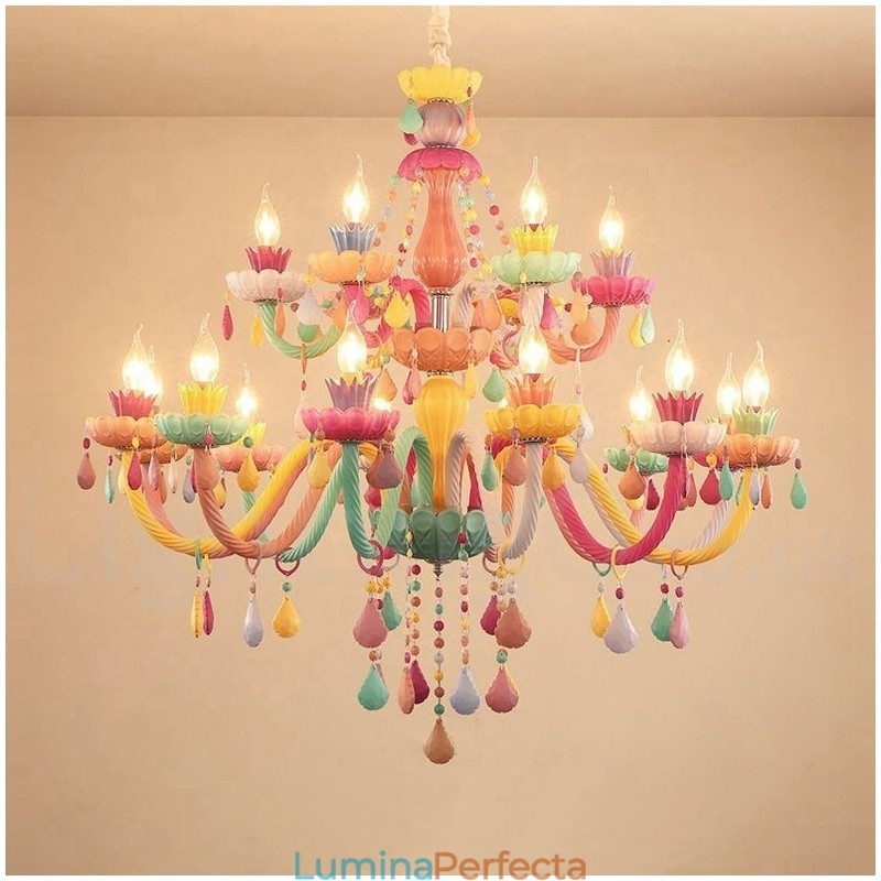 Candelabru Macaron cu 18 (12+6) lumini cu lumânare de cristal multicoloră stil mini pentru copii