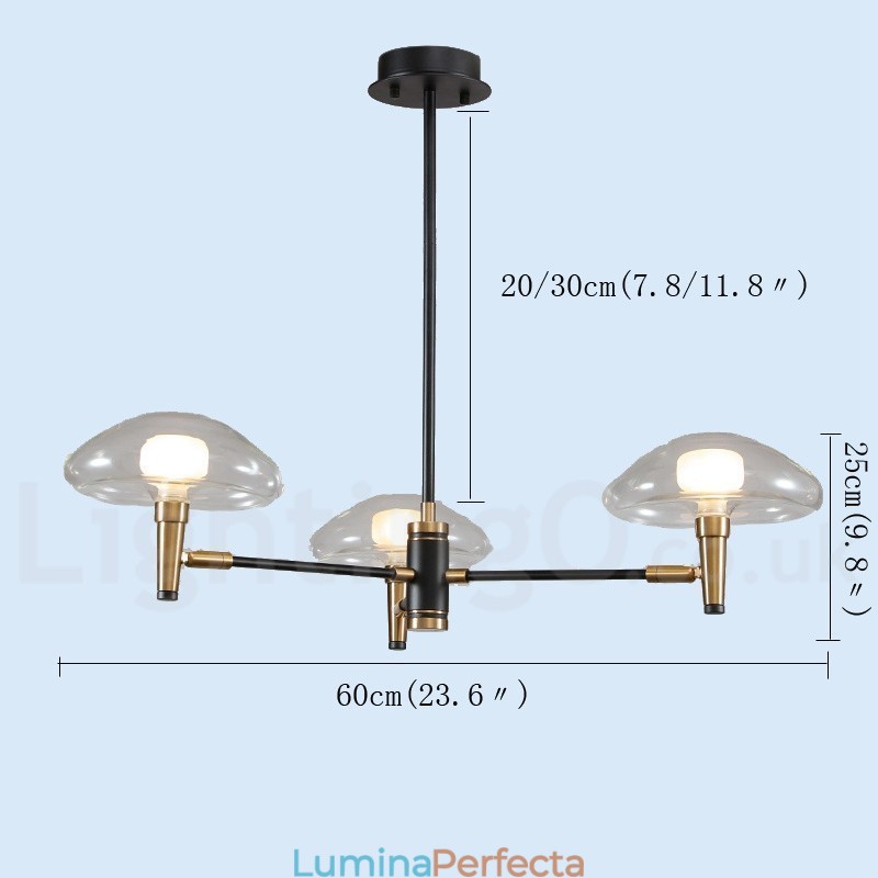 Candelabru cu 3 lumini în stil mini, cu finisaj vopsit galvanizat, cu abajururi din sticlă