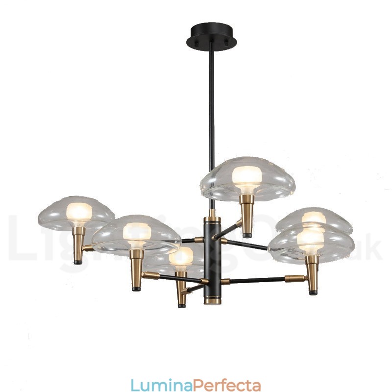 Candelabru cu finisaj vopsit galvanizat cu 6 lumini cu abajururi din sticlă