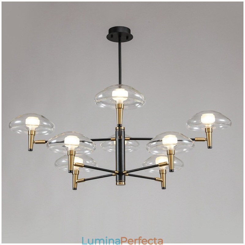 Candelabru cu finisaj vopsit galvanizat cu 8 lumini, cu abajururi de sticlă
