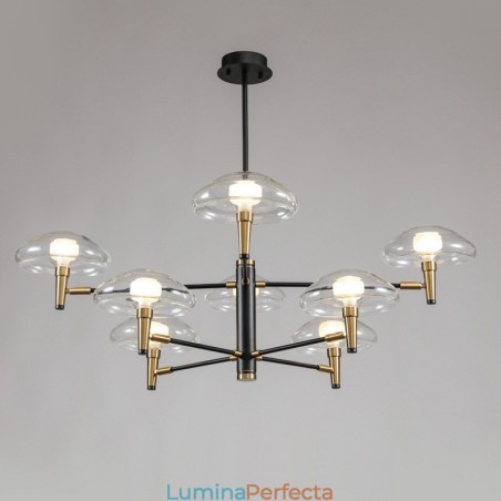 Candelabru cu finisaj vopsit galvanizat cu 8 lumini, cu abajururi de sticlă Candelabru cu finisaj vopsit galvanizat cu 8 lumini, cu abajururi de sticlă