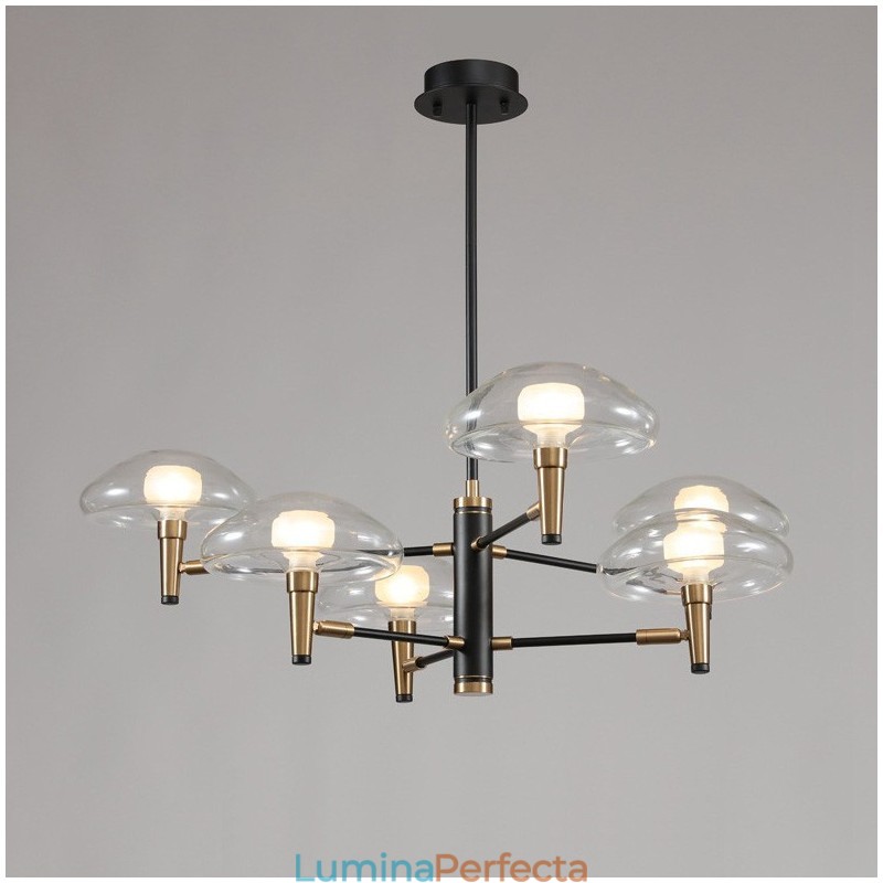 Candelabru cu finisaj vopsit galvanizat cu 8 lumini, cu abajururi de sticlă
