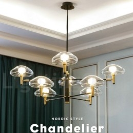 Candelabru cu finisaj vopsit galvanizat cu 8 lumini, cu abajururi de sticlă