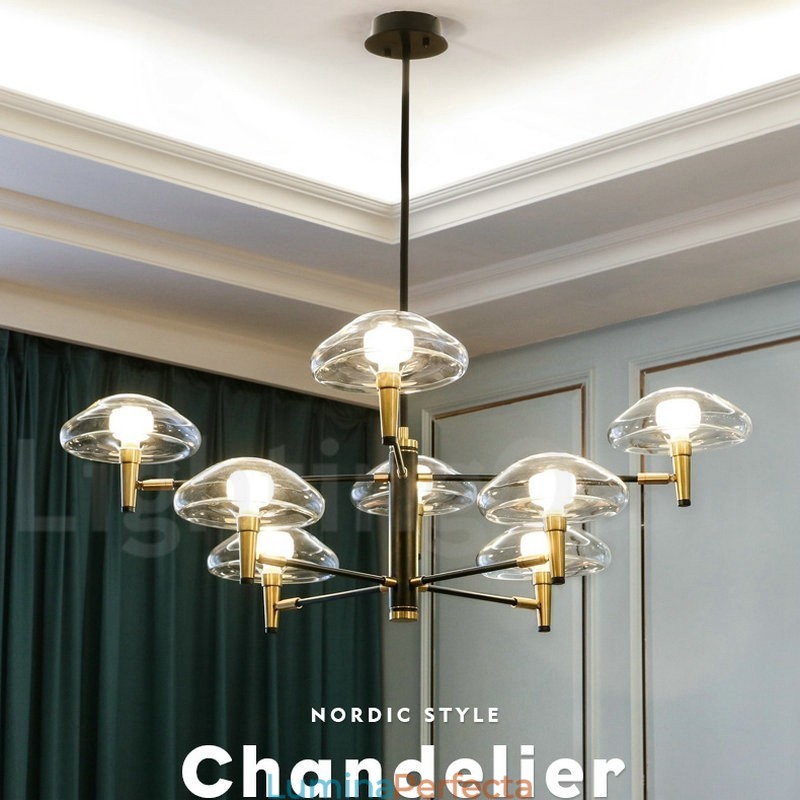 Candelabru cu finisaj vopsit galvanizat cu 8 lumini, cu abajururi de sticlă