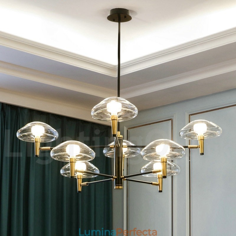 Candelabru cu finisaj vopsit galvanizat cu 8 lumini, cu abajururi de sticlă