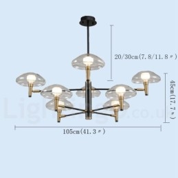 Candelabru cu finisaj vopsit galvanizat cu 8 lumini, cu abajururi de sticlă