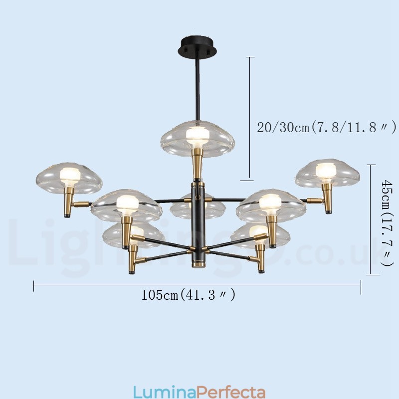 Candelabru cu finisaj vopsit galvanizat cu 8 lumini, cu abajururi de sticlă