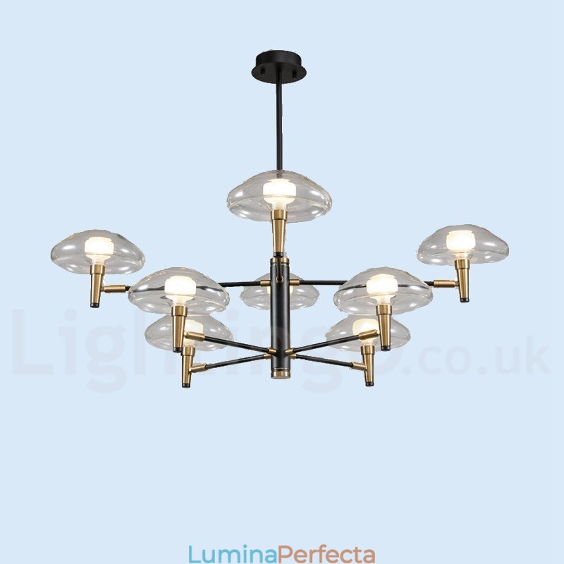 Candelabru cu finisaj vopsit galvanizat cu 8 lumini, cu abajururi de sticlă