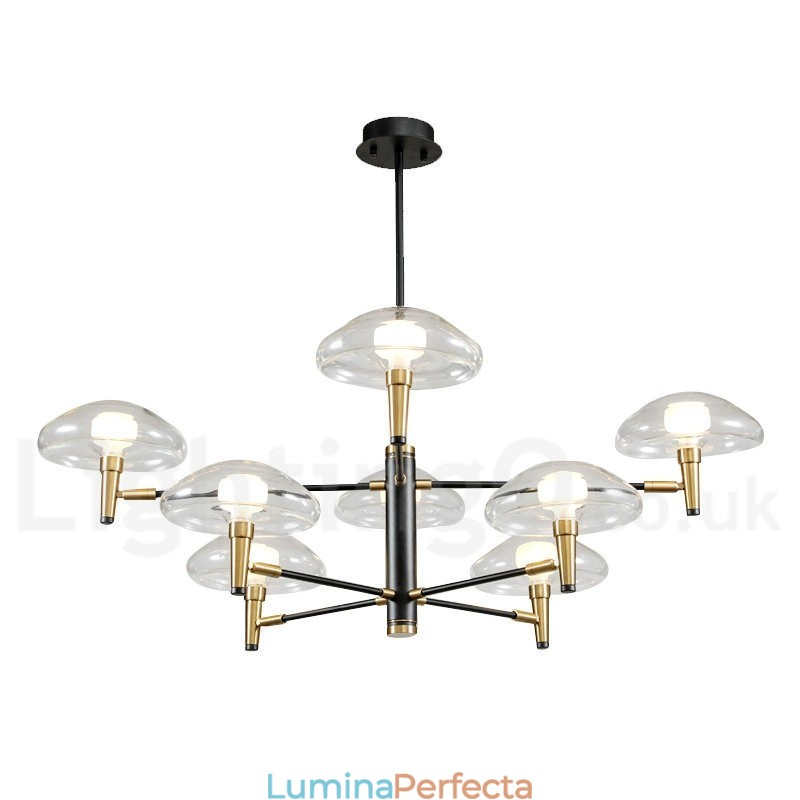 Candelabru cu finisaj vopsit galvanizat cu 8 lumini, cu abajururi de sticlă