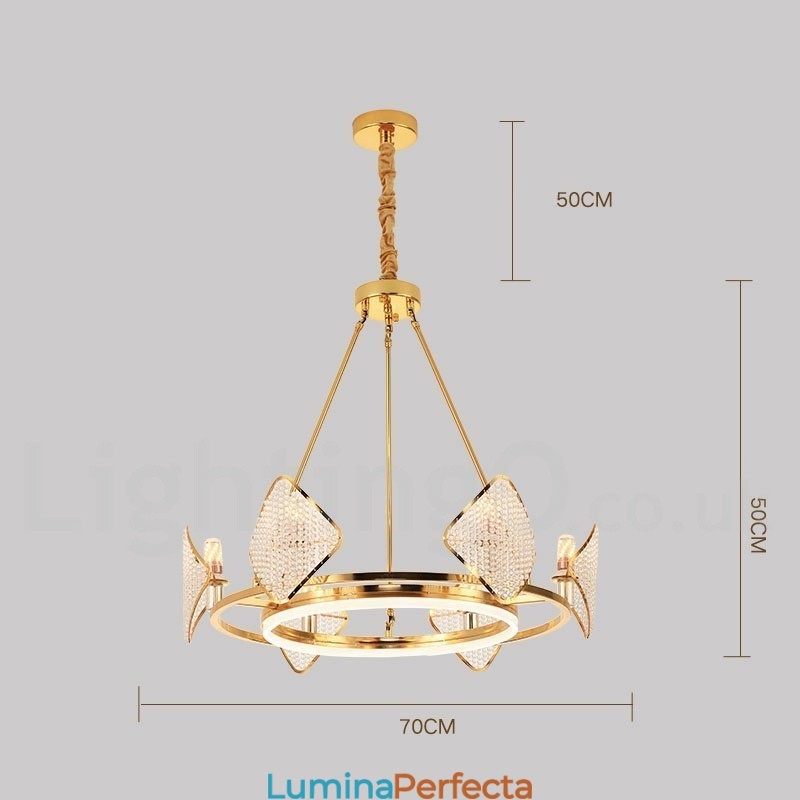 Candelabru cu pandantiv din cristal K9, rotund, de lux, postmodern, auriu, cu abajur din acril Sala de expoziții