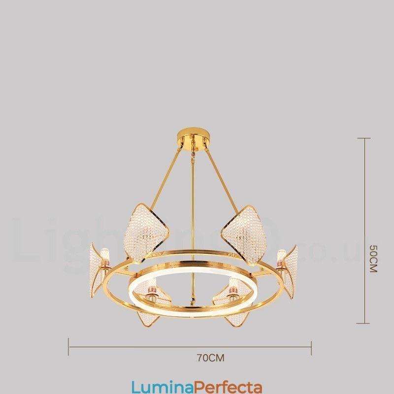 Candelabru cu pandantiv din cristal K9, rotund, de lux, postmodern, auriu, cu abajur din acril Sala de expoziții