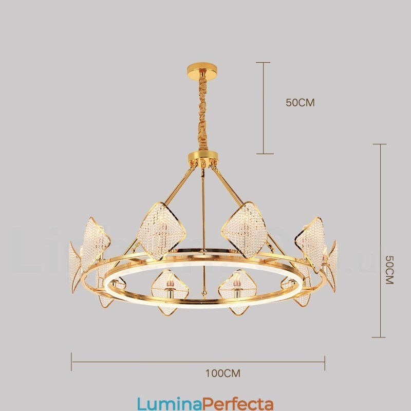 Candelabru cu pandantiv din cristal K9, rotund, de lux, postmodern, auriu, cu abajur din acril Sala de expoziții