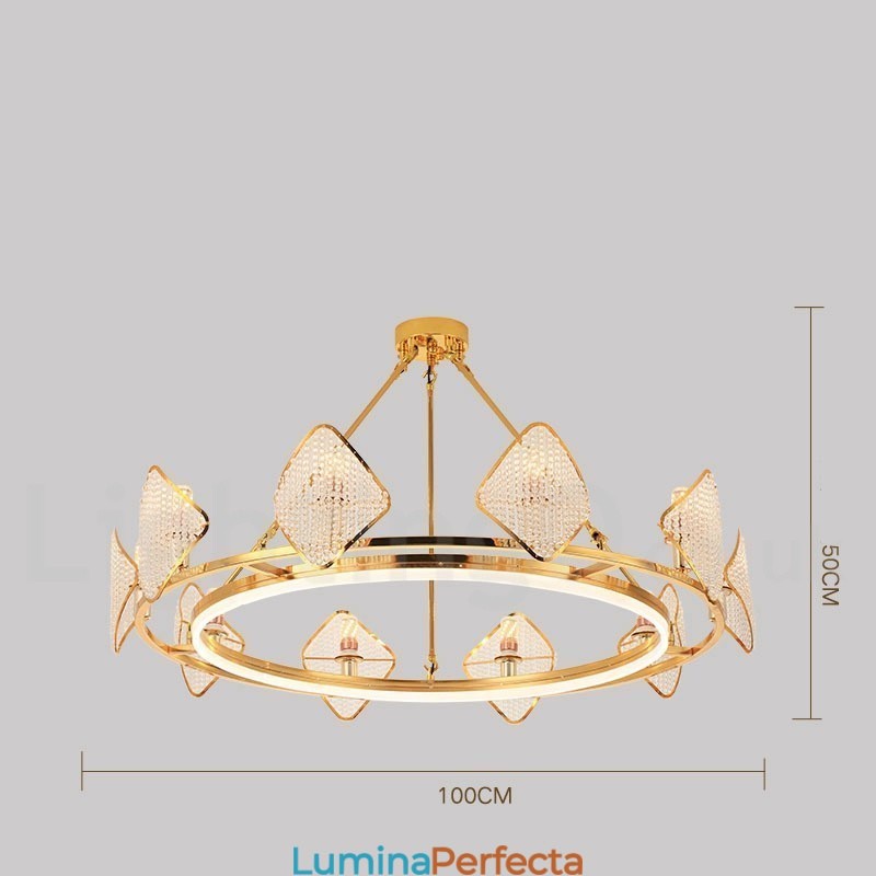Candelabru cu pandantiv din cristal K9, rotund, de lux, postmodern, auriu, cu abajur din acril Sala de expoziții