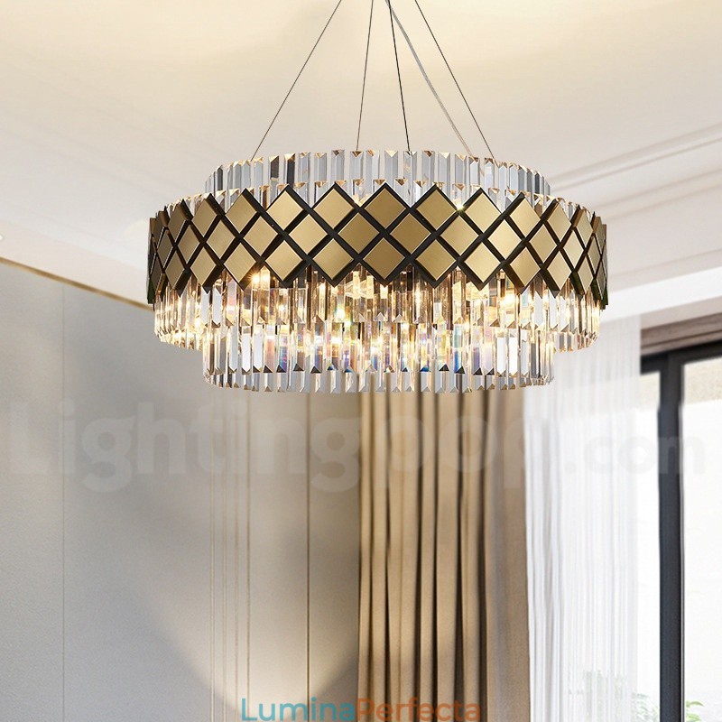 Sala de expoziții Candelabru cu pandantiv din cristal K9 rotund de lux, auriu, plus negru