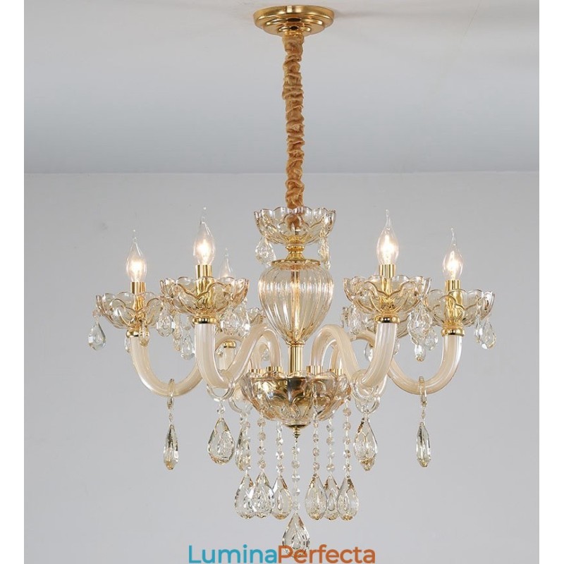 Candelabru de cristal cu 6 lumini de culoare șampanie