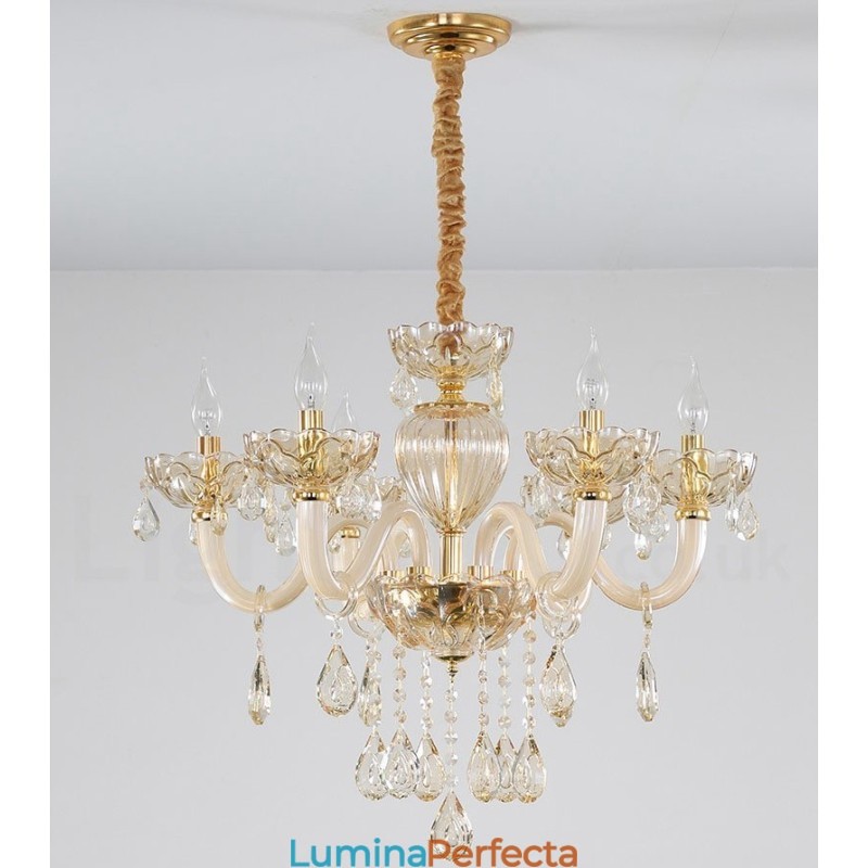 Candelabru de cristal cu 6 lumini de culoare șampanie
