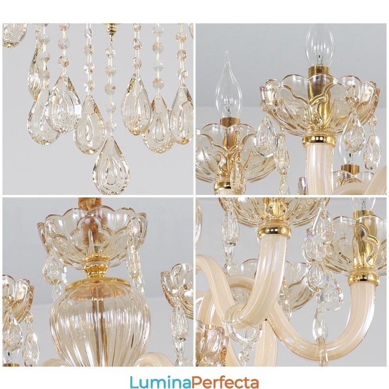 Candelabru de cristal cu 6 lumini de culoare șampanie
