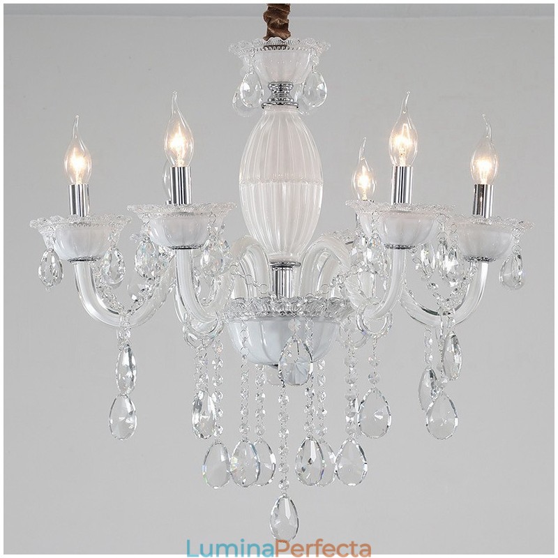 Candelabru alb cu 6 lumini cu cristal