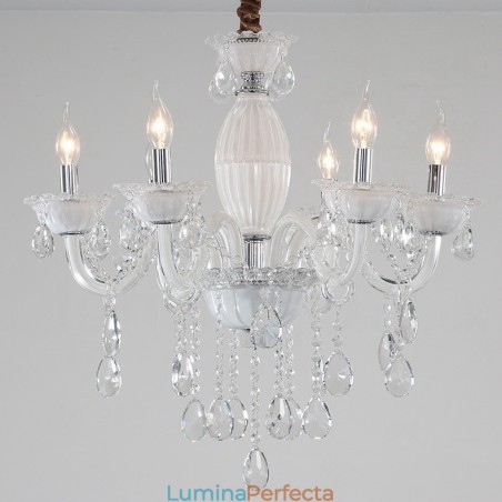 Candelabru alb cu 6 lumini cu cristal Candelabru alb cu 6 lumini cu cristal