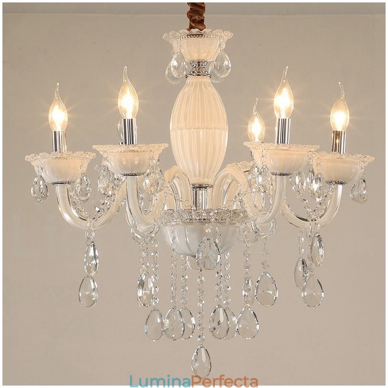 Candelabru alb cu 6 lumini cu cristal