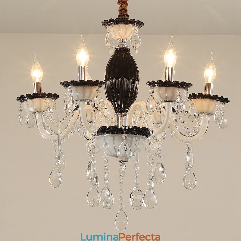 Candelabru negru cu 6 lumini cu cristal