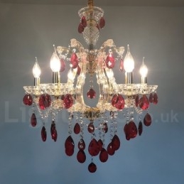 Candelabru de aur cu 6 lumini cu cristal roșu